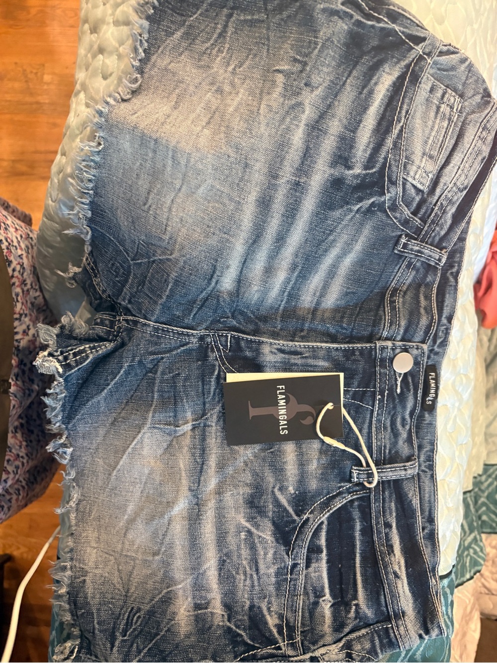 Women’s Blue Denim Jean Shorts with Embroidered Pocket - Picture 3 of 5